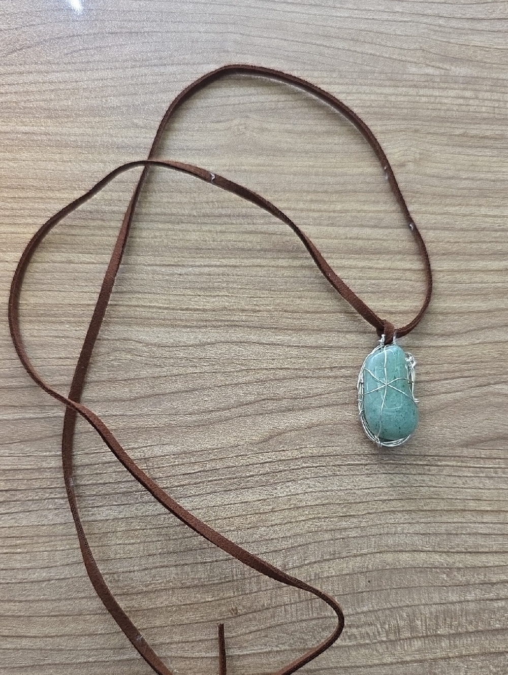 Handcrafted Blue/Green Stone Pendant Necklace with Brown Suede Cord